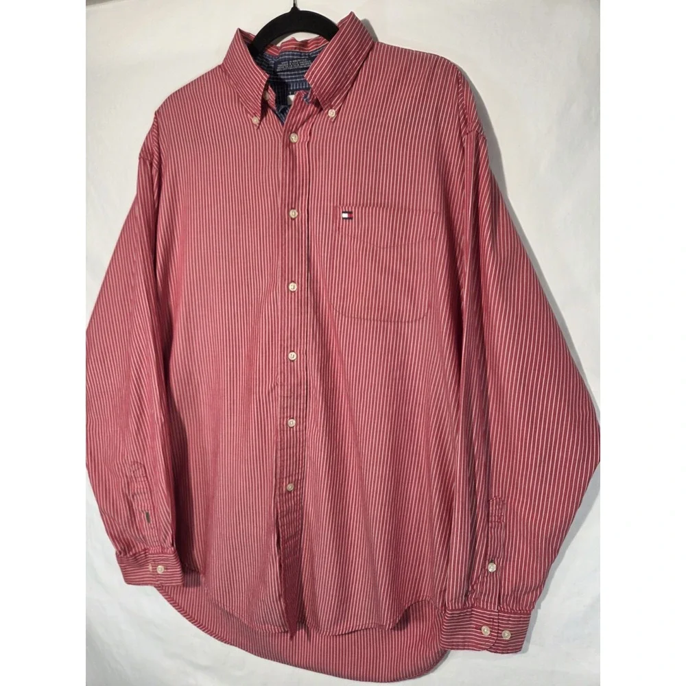 VTG Tommy Hilfiger Mens Dress Shirt Red White Vertical Striped Size M Nautical
